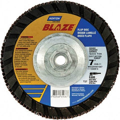 Norton - 120 Grit, 7" Disc Diam, 5/8-11 Center Hole, Type 27 Ceramic Alumina Flap Disc - 8,600 Max RPM, Polyester Backing, Arbor Attaching System, Coated - Eagle Tool & Supply