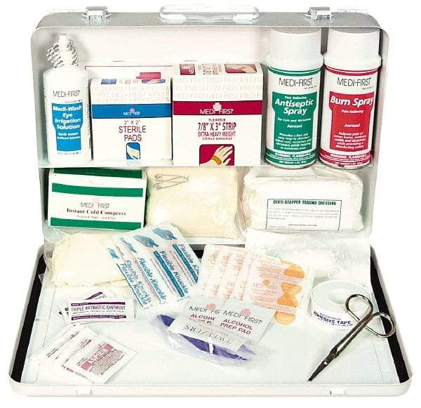 Medique - 98 Piece, 20 Person, Multipurpose/Auto/Travel First Aid Kit - 14" Wide x 3" Deep x 9-1/2" High, Metal Case - Eagle Tool & Supply