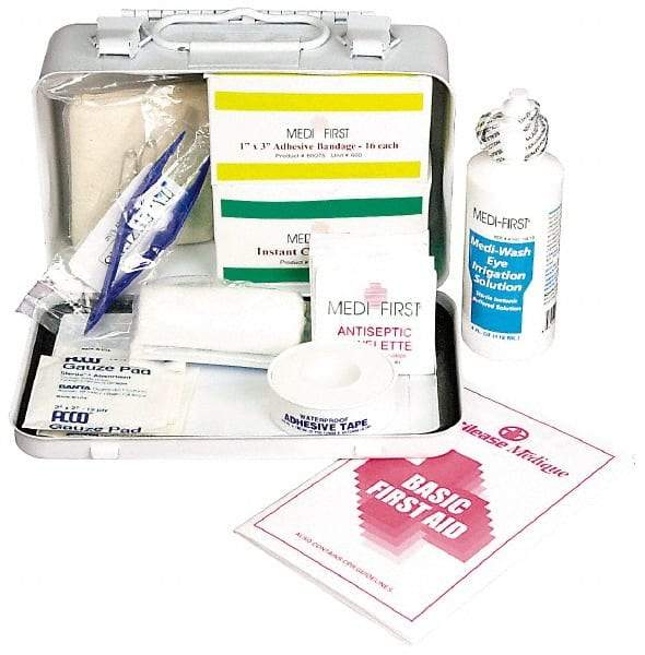 Medique - 52 Piece, 5 Person, Multipurpose/Auto/Travel First Aid Kit - 7-3/4" Wide x 2-3/4" Deep x 4-3/4" High, Metal Case - Eagle Tool & Supply