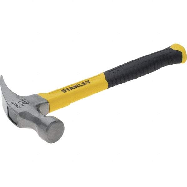 Stanley - 20 oz Head, Curved Claw Hammer - 12.83" OAL, Steel Head, 1.18" Face Diam, Smooth Face, Fiberglass Handle with Grip - Eagle Tool & Supply