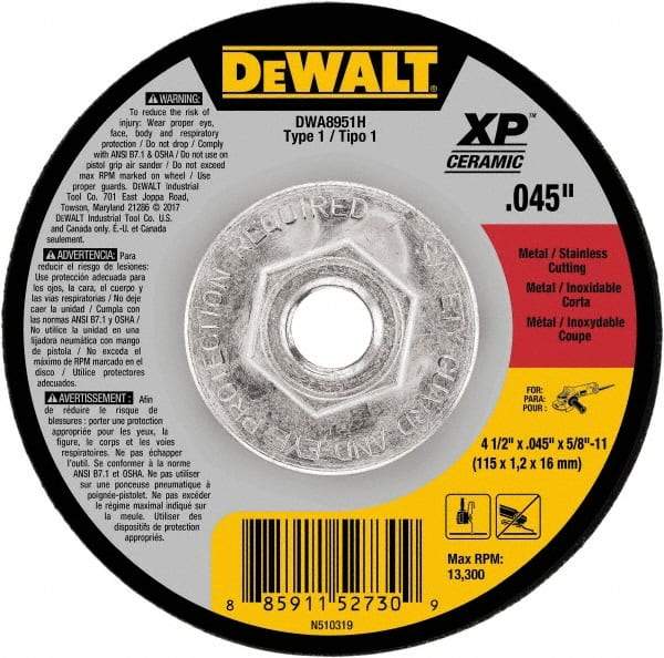 DeWALT - 4-1/2" Ceramic Cutoff Wheel - 0.045" Thick, 5/8-11 Arbor, 13,300 Max RPM, Use with Angle Grinders - Eagle Tool & Supply