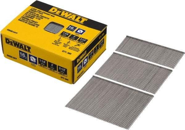 DeWALT - 16 Gauge 2-1/2" Long Finishing Nails for Power Nailers - Steel, Bright Finish, Smooth Shank, Angled Stick Collation, Round Head, Chisel Point - Eagle Tool & Supply