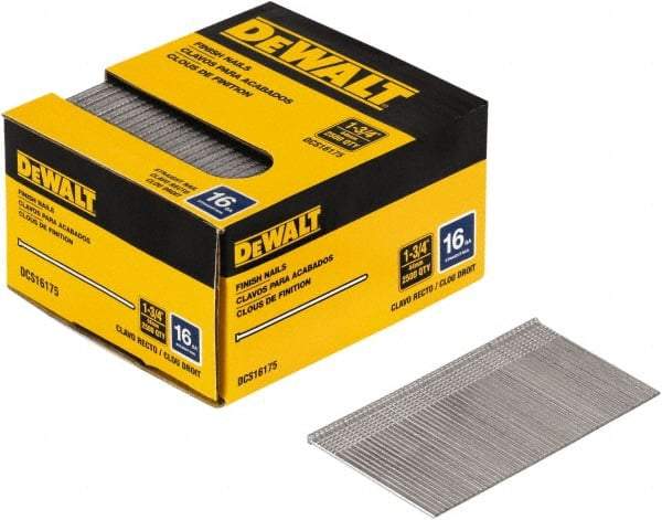 DeWALT - 16 Gauge 1-3/4" Long Finishing Nails for Power Nailers - Steel, Bright Finish, Smooth Shank, Angled Stick Collation, Round Head, Chisel Point - Eagle Tool & Supply