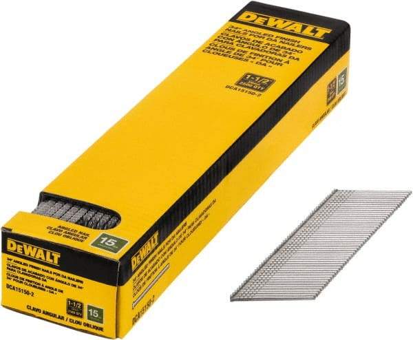 DeWALT - 15 Gauge 1-1/2" Long Finishing Nails for Power Nailers - Steel, Bright Finish, Smooth Shank, Angled Stick Collation, Round Head, Chisel Point - Eagle Tool & Supply