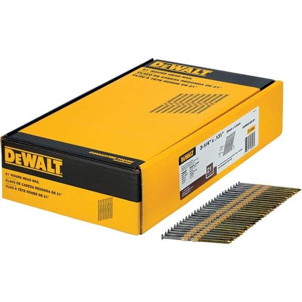 DeWALT - 9 Gauge 3-1/4" Long Framing Nails for Power Nailers - Steel, Bright Finish, Smooth Shank, Angled Stick Collation, Round Head - Eagle Tool & Supply