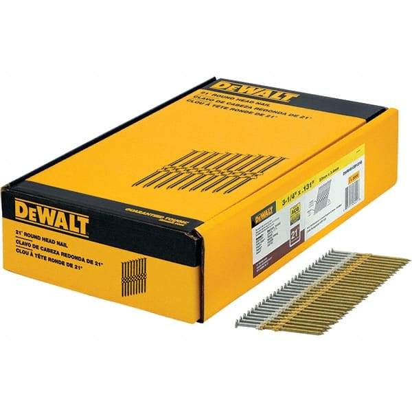 DeWALT - 9 Gauge 3-1/4" Long Framing Nails for Power Nailers - Steel, Galvanized Finish, Smooth Shank, Angled Stick Collation, Round Head - Eagle Tool & Supply