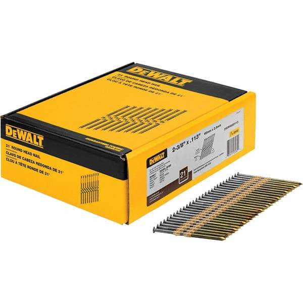 DeWALT - 12 Gauge 2.38" Long Framing Nails for Power Nailers - Steel, Bright Finish, Smooth Shank, Angled Stick Collation, Round Head - Eagle Tool & Supply