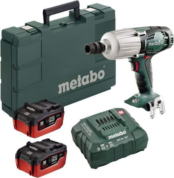 Metabo - 1/2" Drive 18 Volt Pistol Grip Cordless Impact Wrench & Ratchet - 1,600 RPM, 2,200 BPM, 450 Ft/Lb Torque, 2 Lithium-Ion Batteries Included - Eagle Tool & Supply