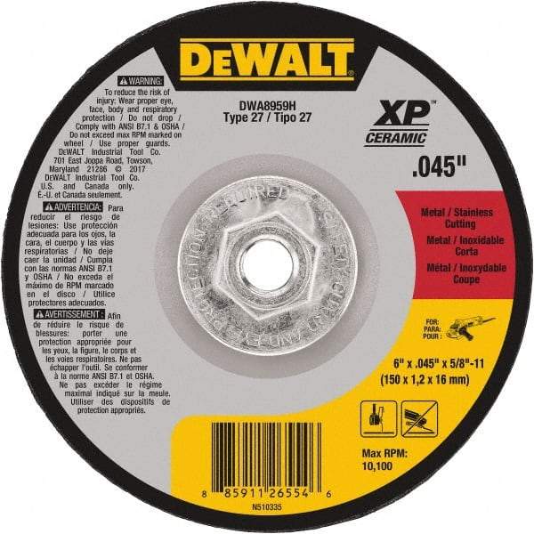 DeWALT - 24 Grit, 6" Wheel Diam, Type 27 Depressed Center Wheel - Coarse/Medium Grade, Ceramic, N Hardness, 10,100 Max RPM - Eagle Tool & Supply