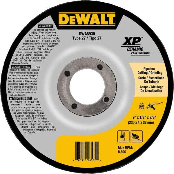 DeWALT - 24 Grit, 9" Wheel Diam, 7/8" Arbor Hole, Type 27 Depressed Center Wheel - Coarse/Medium Grade, Ceramic, N Hardness, 6,600 Max RPM - Eagle Tool & Supply