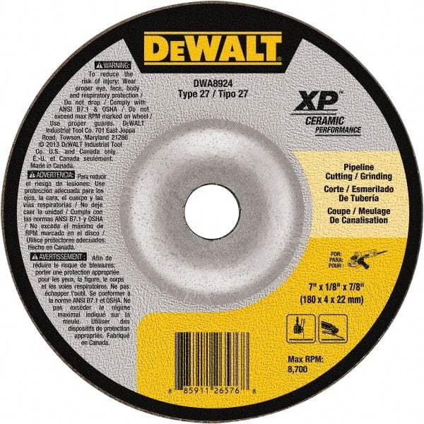 DeWALT - 24 Grit, 7" Wheel Diam, 7/8" Arbor Hole, Type 27 Depressed Center Wheel - Coarse/Medium Grade, Ceramic, N Hardness, 8,700 Max RPM - Eagle Tool & Supply