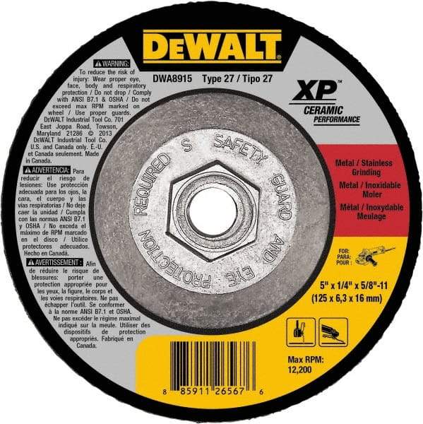 DeWALT - 24 Grit, 5" Wheel Diam, Type 27 Depressed Center Wheel - Coarse/Medium Grade, Ceramic, N Hardness, 12,200 Max RPM - Eagle Tool & Supply