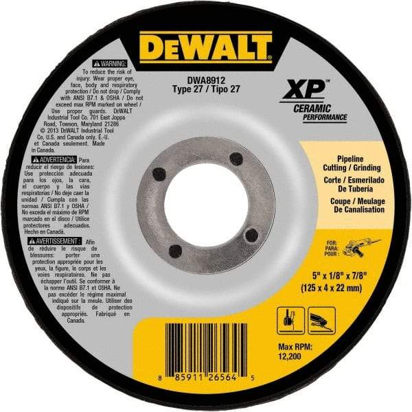 DeWALT - 24 Grit, 5" Wheel Diam, 7/8" Arbor Hole, Type 27 Depressed Center Wheel - Coarse/Medium Grade, Ceramic, N Hardness, 12,200 Max RPM - Eagle Tool & Supply