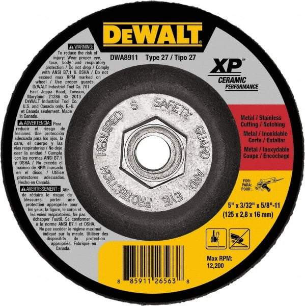 DeWALT - 24 Grit, 5" Wheel Diam, Type 27 Depressed Center Wheel - Coarse/Medium Grade, Ceramic, N Hardness, 12,200 Max RPM - Eagle Tool & Supply