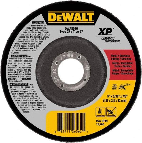 DeWALT - 24 Grit, 5" Wheel Diam, 7/8" Arbor Hole, Type 27 Depressed Center Wheel - Coarse/Medium Grade, Ceramic, N Hardness, 12,200 Max RPM - Eagle Tool & Supply