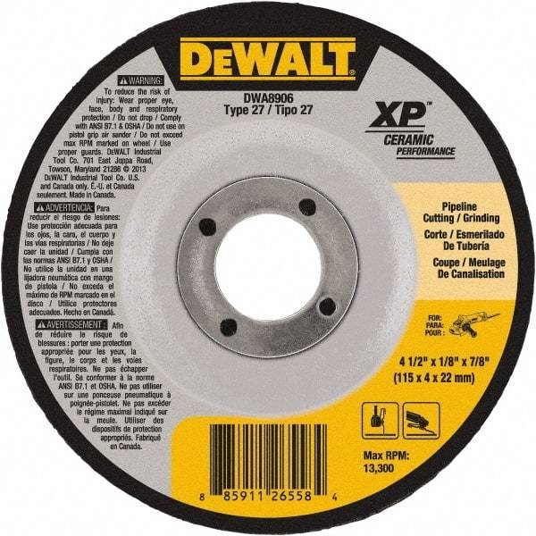 DeWALT - 24 Grit, 4-1/2" Wheel Diam, 7/8" Arbor Hole, Type 27 Depressed Center Wheel - Coarse/Medium Grade, Ceramic, N Hardness, 13,300 Max RPM - Eagle Tool & Supply