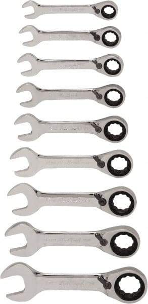Blackhawk by Proto - 13 Piece, 6mm to 19mm, Stubby Ratcheting Combination Wrench Set - Metric Measurement Standard, Chrome Finish, Canvas Roll - Eagle Tool & Supply