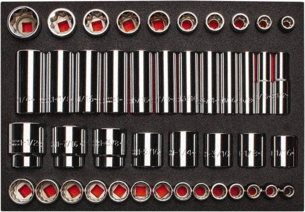 Proto - 65 Piece 1/2" Drive Chrome Finish Deep Well Socket Set - 8, 12 Points, 3/8" to 1-1/2" Range, Inch Measurement Standard - Eagle Tool & Supply