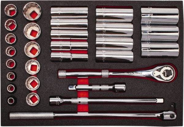 Proto - 30 Piece 1/2" Drive Chrome Finish Deep Well Socket Set - 12 Points, 3/8" to 1-1/4" Range, Inch Measurement Standard - Eagle Tool & Supply