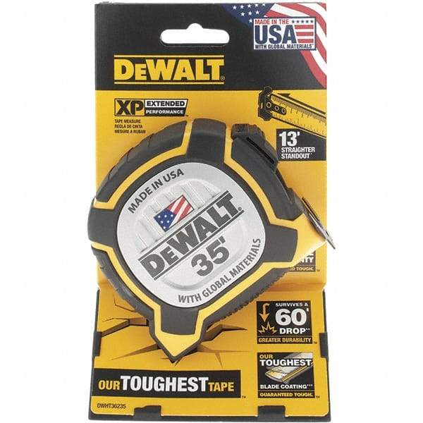 DeWALT - 35' x 1-1/4" Yellow Steel Blade Tape Measure - 1/16" Graduation, Yellow/Black ABS Plastic Case - Eagle Tool & Supply