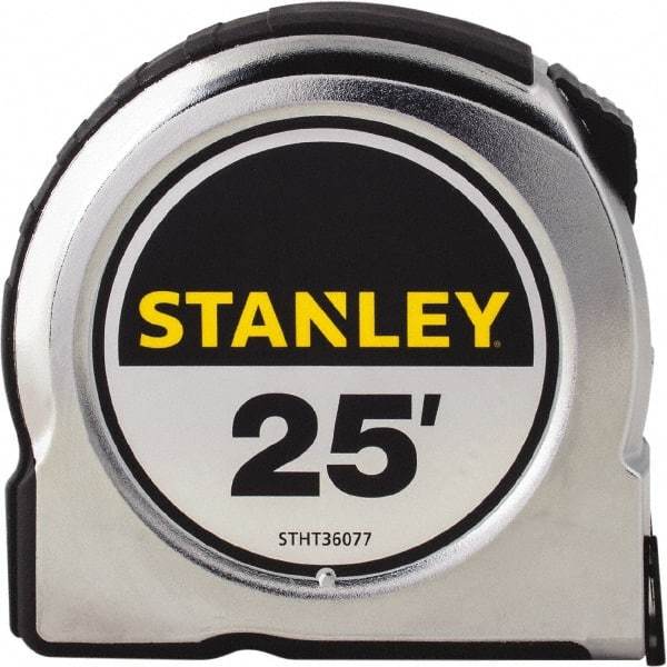 Stanley - 25' x 1" Yellow Steel Blade Tape Measure - 1/16" Graduation, Chrome ABS Plastic Case - Eagle Tool & Supply
