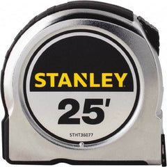 Stanley - 25' x 1" Yellow Steel Blade Tape Measure - 1/16" Graduation, Chrome ABS Plastic Case - Eagle Tool & Supply