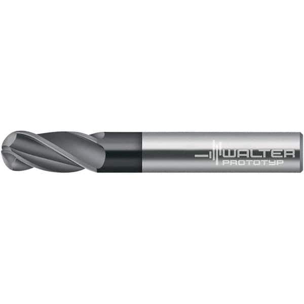 Walter-Prototyp - 11.11mm Diam, 25.4mm LOC, 2 Flute Solid Carbide Ball End Mill - TiAlN Finish, 88.9mm OAL, 12.7mm Shank Diam - Eagle Tool & Supply