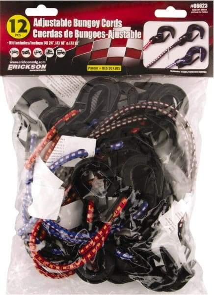 Erickson Manufacturing - Bungee Cord with S Hook - 13, 18, 24" OAL, Red/Blue/Green - Eagle Tool & Supply