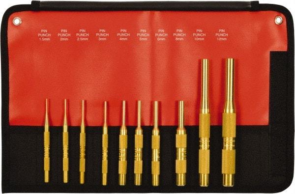 Mayhew - 10 Piece, 1.5 to 12mm, Pin Punch Set - Round Shank, Brass, Comes in Kit Bag - Eagle Tool & Supply