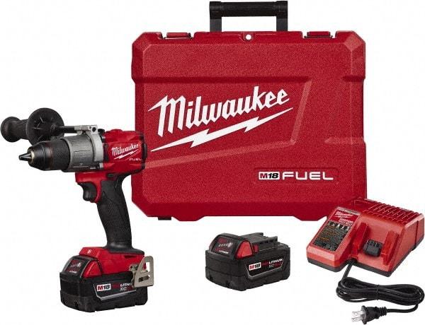 Milwaukee Tool - 18 Volt 1/2" Chuck Pistol Grip Handle Cordless Drill - 0-550 & 0-2000 RPM, Single-Sleeve Ratcheting Chuck, Reversible, 2 Lithium-Ion Batteries Included - Eagle Tool & Supply