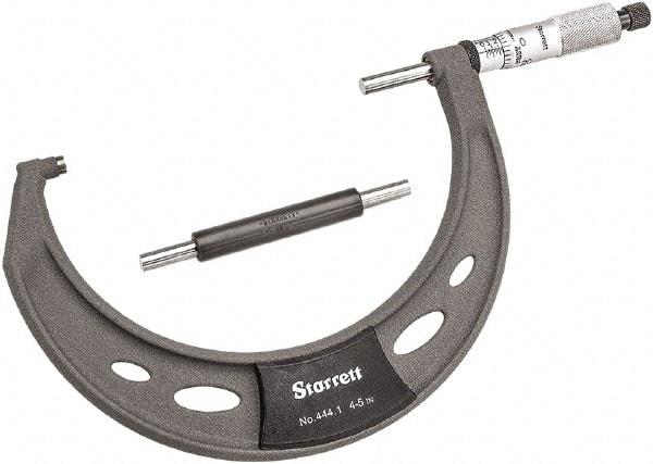Starrett - 4 to 5" Range, 0.0001" Graduation, Mechanical Outside Micrometer - Ratchet Thimble, 2-3/4" Throat Depth, Accurate to 0.0001" - Eagle Tool & Supply
