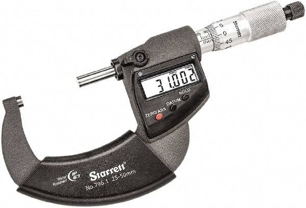 Starrett - 25 to 50mm Range, 0.001mm Graduation, Mechanical Outside Micrometer - Ratchet Thimble, 30mm Throat Depth, Accurate to 0.001mm - Eagle Tool & Supply