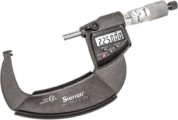 Starrett - 2 to 3" Range, 0.001mm Graduation, 0.0001" Graduation, Mechanical Outside Micrometer - Ratchet Thimble, 1-3/4" Throat Depth, Accurate to 0.0001" - Eagle Tool & Supply