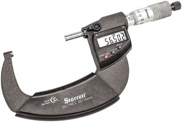 Starrett - 50 to 75mm Range, 0.001mm Graduation, Mechanical Outside Micrometer - Ratchet Thimble, 43mm Throat Depth, Accurate to 0.001mm - Eagle Tool & Supply