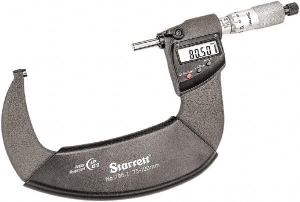 Starrett - 75 to 100mm Range, 0.001mm Graduation, Mechanical Outside Micrometer - Ratchet Thimble, 55mm Throat Depth, Accurate to 0.001mm - Eagle Tool & Supply