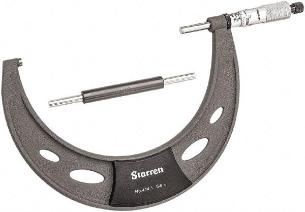 Starrett - 5 to 6" Range, 0.0001" Graduation, Mechanical Outside Micrometer - Ratchet Thimble, 3.35" Throat Depth, Accurate to 0.0001" - Eagle Tool & Supply