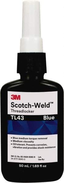 3M - 50 mL, Blue, Medium Strength Liquid Threadlocker - Series TL43, 24 hr Full Cure Time - Eagle Tool & Supply