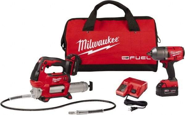 Milwaukee Tool - 1/2" Drive 18 Volt Pistol Grip Cordless Impact Wrench & Ratchet - 550/1,400/1,750 RPM, 0 to 2,100 BPM, 1,400 Ft/Lb Torque, 2 Lithium-Ion Batteries Included - Eagle Tool & Supply