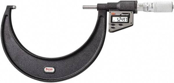 Starrett - 127 to 152 mm Range, 0.0001" Resolution, Standard Throat, Electronic Outside Micrometer - 0.0002" Accuracy, Friction Thimble, Micro Lapped Carbide Face, CR2450 Battery, Includes 3V Battery - Eagle Tool & Supply