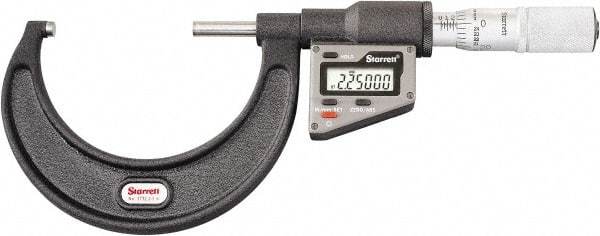 Starrett - 50.8 to 76 mm Range, 0.0001" Resolution, Standard Throat, Electronic Outside Micrometer - 0.0001" Accuracy, Friction Thimble, Micro Lapped Carbide Face, CR2450 Battery, Includes 3V Battery - Eagle Tool & Supply
