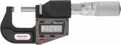 Starrett - 0 to 25 mm Range, 0.0001" Resolution, Standard Throat, Electronic Outside Micrometer - 0.0001" Accuracy, Friction Thimble, Micro Lapped Carbide Face, CR2450 Battery, Includes 3V Battery - Eagle Tool & Supply