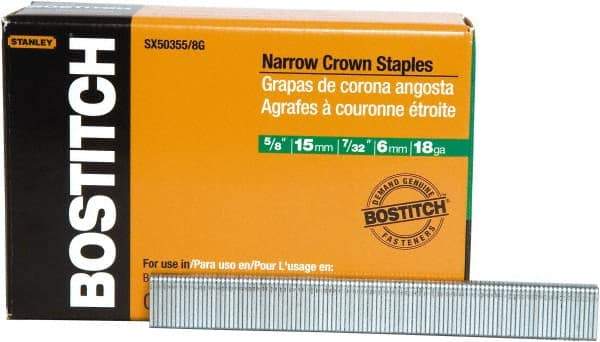 Stanley Bostitch - 5/8" Long x 7/32" Wide, 18 Gauge Narrow Crown Construction Staple - Steel, Chisel Point - Eagle Tool & Supply