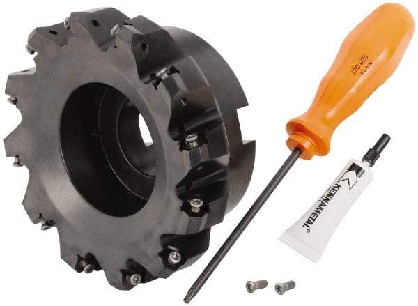 Kennametal - 5" Cut Diam, 1-1/2" Arbor Hole, 3.23mm Max Depth of Cut, 45° Indexable Chamfer & Angle Face Mill - 12 Inserts, HNGJ 0604... Insert, Right Hand Cut, 12 Flutes, Through Coolant, Series Dodeka Mini - Eagle Tool & Supply