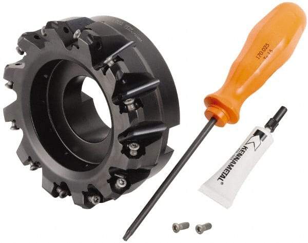 Kennametal - 4" Cut Diam, 1-1/2" Arbor Hole, 3.23mm Max Depth of Cut, 45° Indexable Chamfer & Angle Face Mill - 12 Inserts, HNGJ 0604... Insert, Right Hand Cut, 12 Flutes, Through Coolant, Series Dodeka Mini - Eagle Tool & Supply