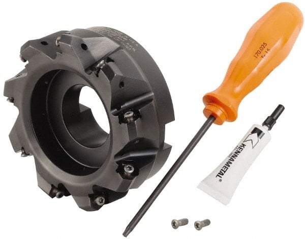 Kennametal - 4" Cut Diam, 1-1/2" Arbor Hole, 3.23mm Max Depth of Cut, 45° Indexable Chamfer & Angle Face Mill - 9 Inserts, HNGJ 0604... Insert, Right Hand Cut, 9 Flutes, Through Coolant, Series Dodeka Mini - Eagle Tool & Supply
