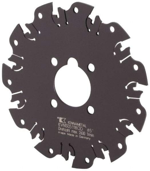 Kennametal - Arbor Hole Connection, 1/8" Cutting Width, 1-3/8" Depth of Cut, 5" Cutter Diam, 1-1/4" Hole Diam, 11 Tooth Indexable Slotting Cutter - KVNS Toolholder, OD 3118.. Insert - Eagle Tool & Supply