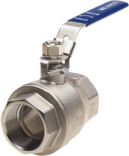 Milwaukee Valve - 2" Pipe, Full Port, Stainless Steel Standard Ball Valve - 2 Piece, Threaded (NPT) Ends, Locking Lever Handle, 1,000 WOG, 150 WSP - Eagle Tool & Supply