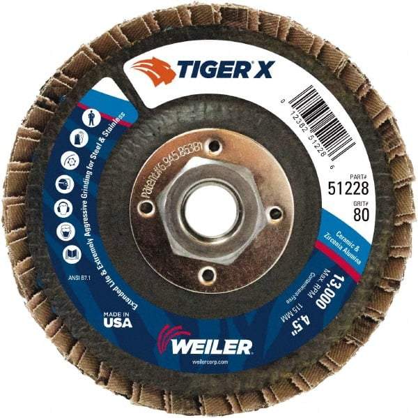 Weiler - 181 Grit, 4-1/2" Disc Diam, 5/8-11 Center Hole, Type 27 Zirconia Alumina Flap Disc - 13,000 Max RPM, Phenolic Backing, Arbor Attaching System, Coated - Eagle Tool & Supply