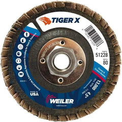 Weiler - 181 Grit, 4-1/2" Disc Diam, 5/8-11 Center Hole, Type 27 Zirconia Alumina Flap Disc - 13,000 Max RPM, Phenolic Backing, Arbor Attaching System, Coated - Eagle Tool & Supply