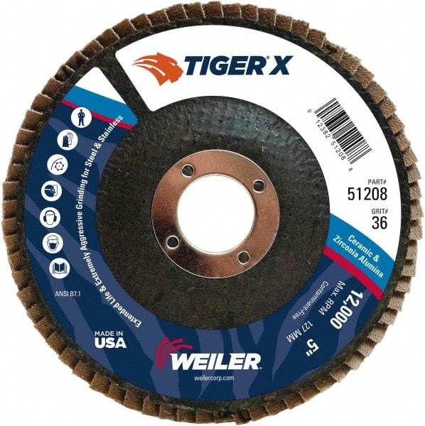 Weiler - 501 Grit, 5" Disc Diam, 7/8" Center Hole, Type 29 Zirconia Alumina Flap Disc - 12,000 Max RPM, Phenolic Backing, Arbor Attaching System, Coated - Eagle Tool & Supply